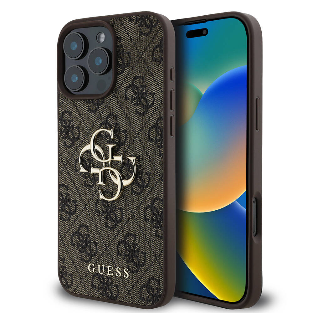 iPhone 16 Pro Kılıf Guess Orijinal Lisanslı PU Deri 4G Desenli Metal Büyük 4G ve Yazı Logolu Kılıf