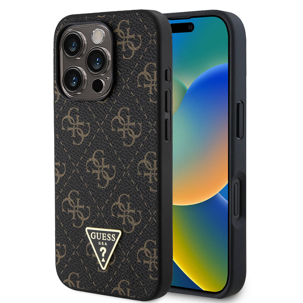 iPhone 16 Pro Kılıf Guess Orijinal Lisanslı PU Deri 4G Desenli Üçgen Logolu Kılıf