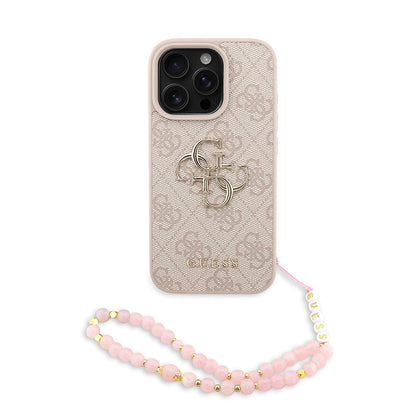iPhone 16 Pro Kılıf Guess Orijinal Lisanslı PU Deri Bilek Askı İpli Metal Büyük 4G ve Yazı Logolu Kılıf