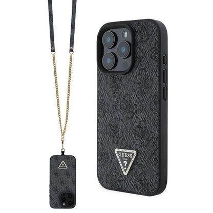iPhone 16 Pro Kılıf Guess Orijinal Lisanslı PU Deri Taşlı Metal Üçgen Logolu Çapraz Vücut Askılı 4G Desenli Kılıf