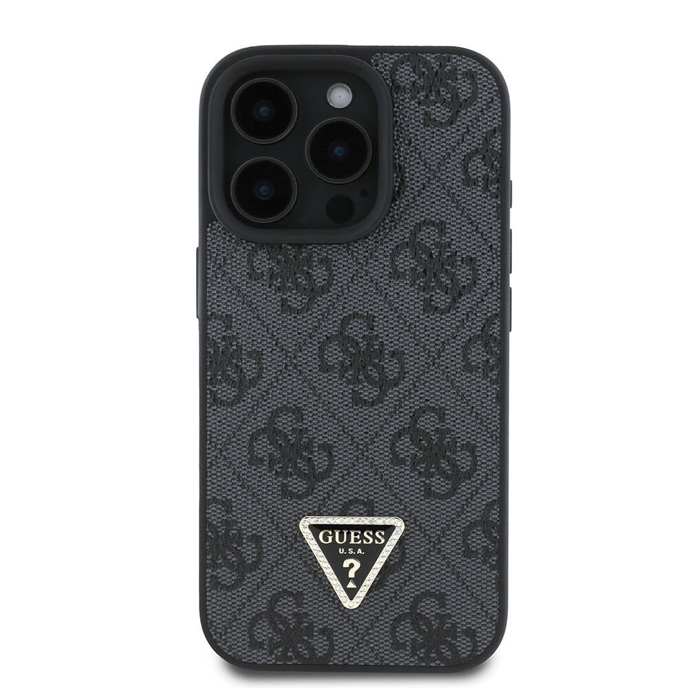 iPhone 16 Pro Kılıf Guess Orijinal Lisanslı PU Deri Taşlı Metal Üçgen Logolu Çapraz Vücut Askılı 4G Desenli Kılıf