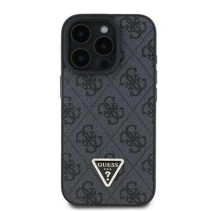 iPhone 16 Pro Kılıf Guess Orijinal Lisanslı PU Deri Taşlı Metal Üçgen Logolu Çapraz Vücut Askılı 4G Desenli Kılıf