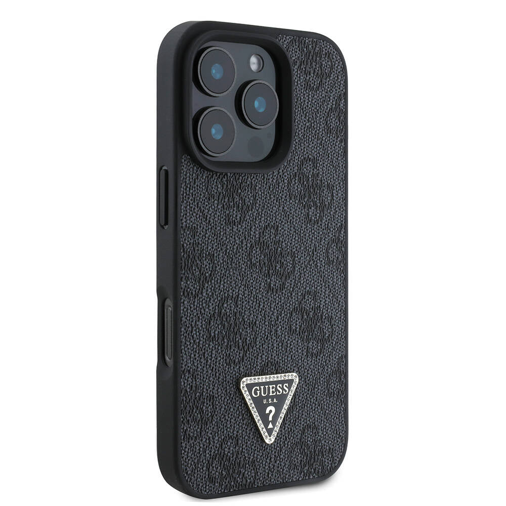 iPhone 16 Pro Kılıf Guess Orijinal Lisanslı PU Deri Taşlı Metal Üçgen Logolu Çapraz Vücut Askılı 4G Desenli Kılıf