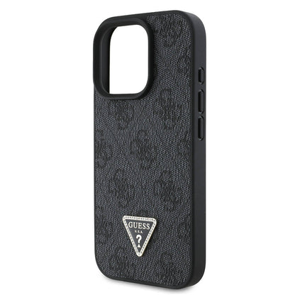 iPhone 16 Pro Kılıf Guess Orijinal Lisanslı PU Deri Taşlı Metal Üçgen Logolu Çapraz Vücut Askılı 4G Desenli Kılıf