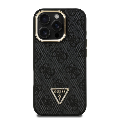 iPhone 16 Pro Kılıf Guess Orijinal Lisanslı PU Deri Taşlı Üçgen Logo 4G Desenli Kamera Standlı Kılıf
