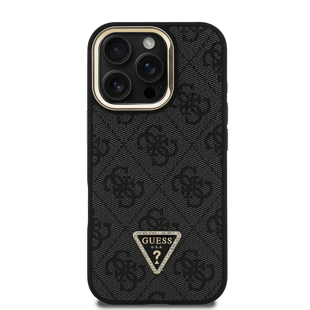 iPhone 16 Pro Kılıf Guess Orijinal Lisanslı PU Deri Taşlı Üçgen Logo 4G Desenli Kamera Standlı Kılıf