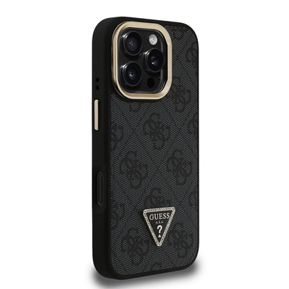 iPhone 16 Pro Kılıf Guess Orijinal Lisanslı PU Deri Taşlı Üçgen Logo 4G Desenli Kamera Standlı Kılıf