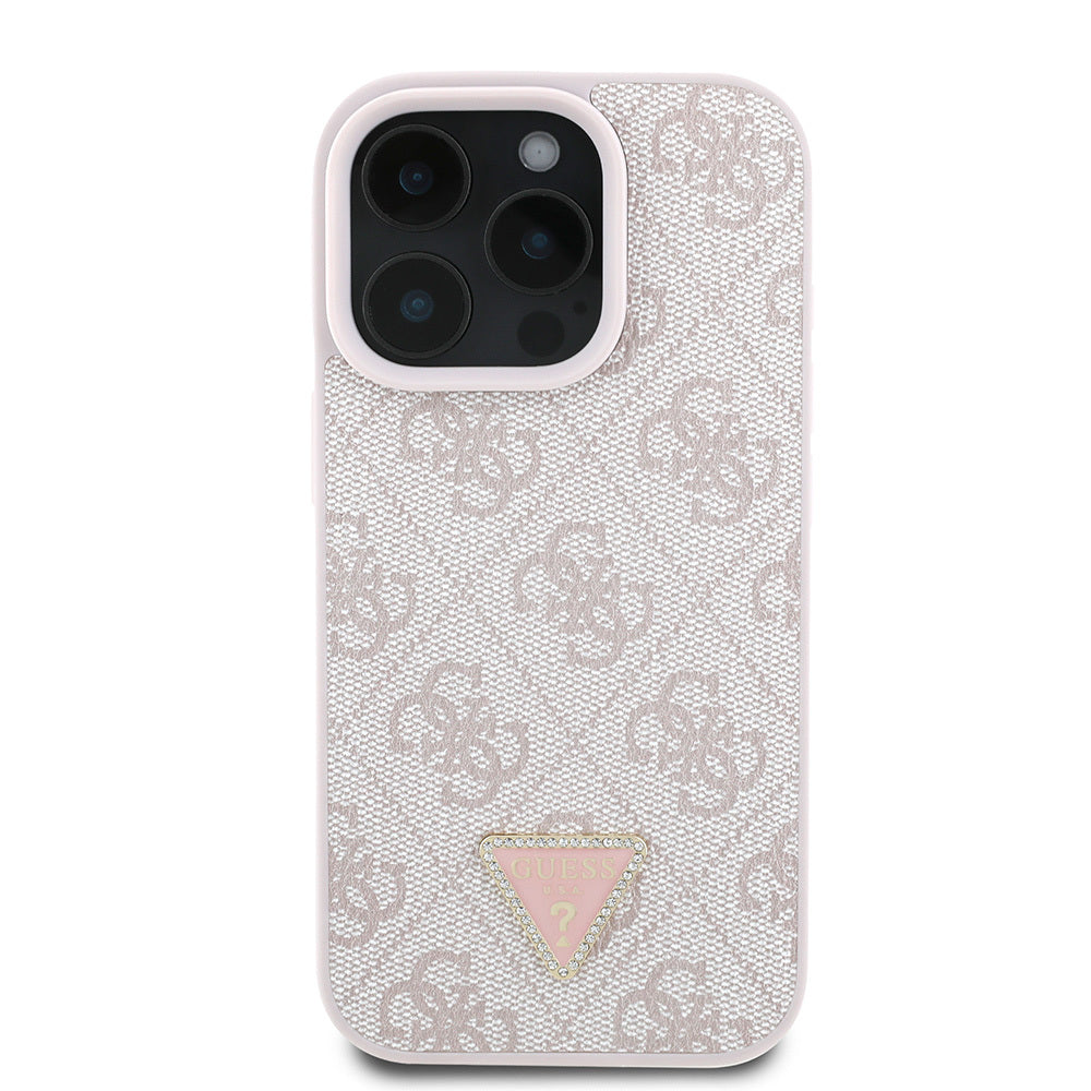 iPhone 16 Pro Kılıf Guess Orijinal Lisanslı PU Deri Taşlı Üçgen Logo 4G Desenli Strass Kılıf