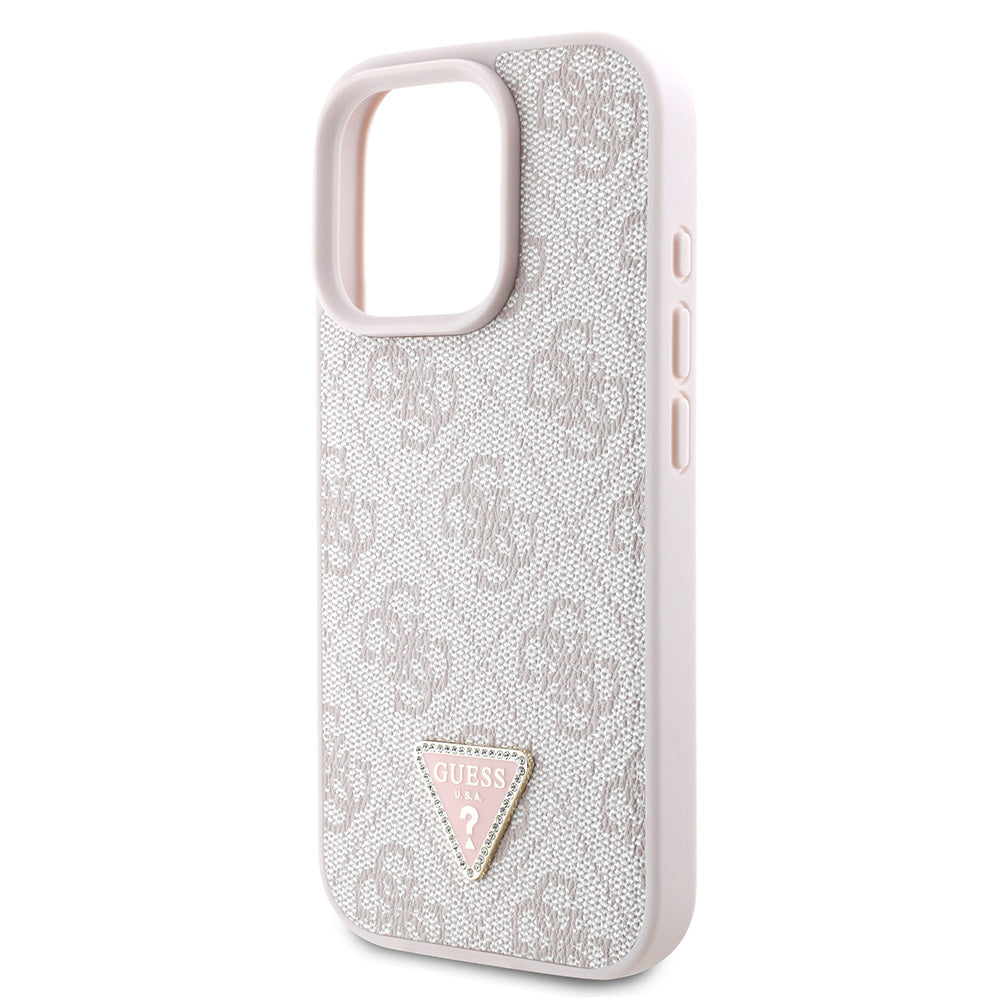 iPhone 16 Pro Kılıf Guess Orijinal Lisanslı PU Deri Taşlı Üçgen Logo 4G Desenli Strass Kılıf