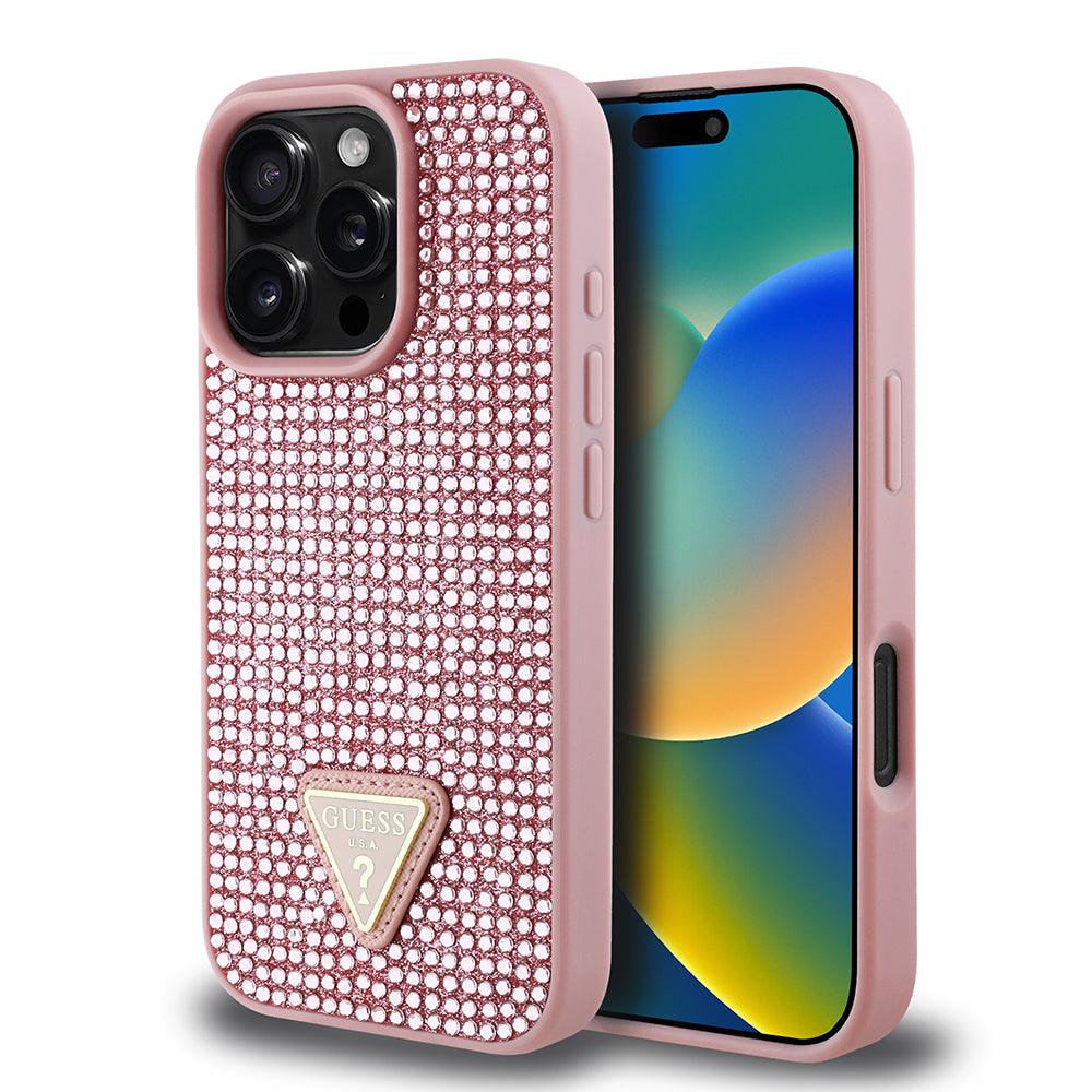 iPhone 16 Pro Kılıf Guess Orijinal Lisanslı Taşlı Arka Yüzey Üçgen Logolu Kılıf