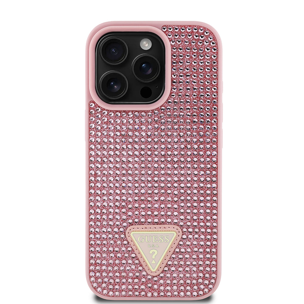 iPhone 16 Pro Kılıf Guess Orijinal Lisanslı Taşlı Arka Yüzey Üçgen Logolu Kılıf