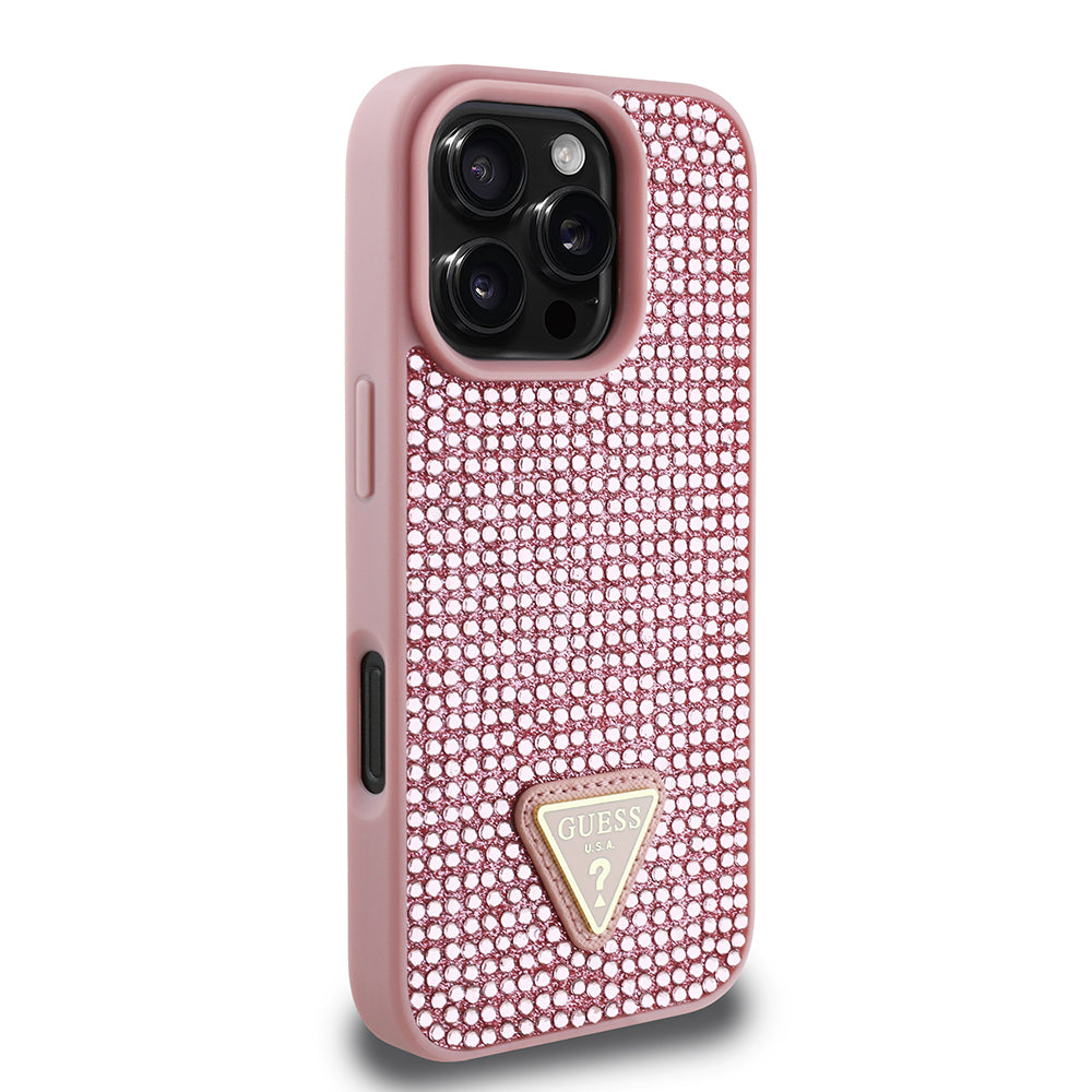 iPhone 16 Pro Kılıf Guess Orijinal Lisanslı Taşlı Arka Yüzey Üçgen Logolu Kılıf