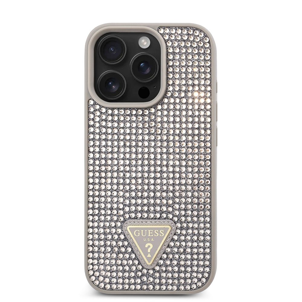 iPhone 16 Pro Kılıf Guess Orijinal Lisanslı Taşlı Arka Yüzey Üçgen Logolu Kılıf
