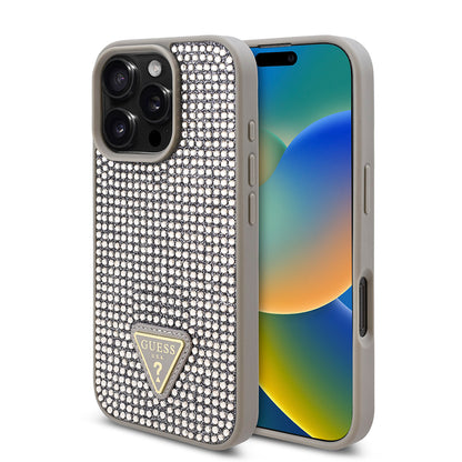 iPhone 16 Pro Kılıf Guess Orijinal Lisanslı Taşlı Arka Yüzey Üçgen Logolu Kılıf