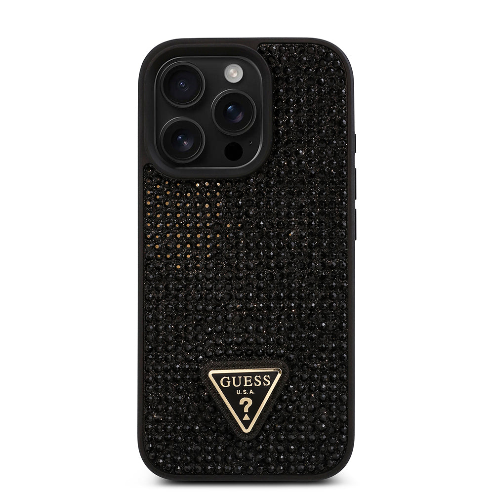 iPhone 16 Pro Kılıf Guess Orijinal Lisanslı Taşlı Arka Yüzey Üçgen Logolu Kılıf