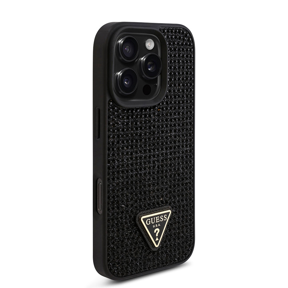 iPhone 16 Pro Kılıf Guess Orijinal Lisanslı Taşlı Arka Yüzey Üçgen Logolu Kılıf