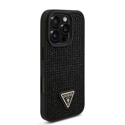 iPhone 16 Pro Kılıf Guess Orijinal Lisanslı Taşlı Arka Yüzey Üçgen Logolu Kılıf