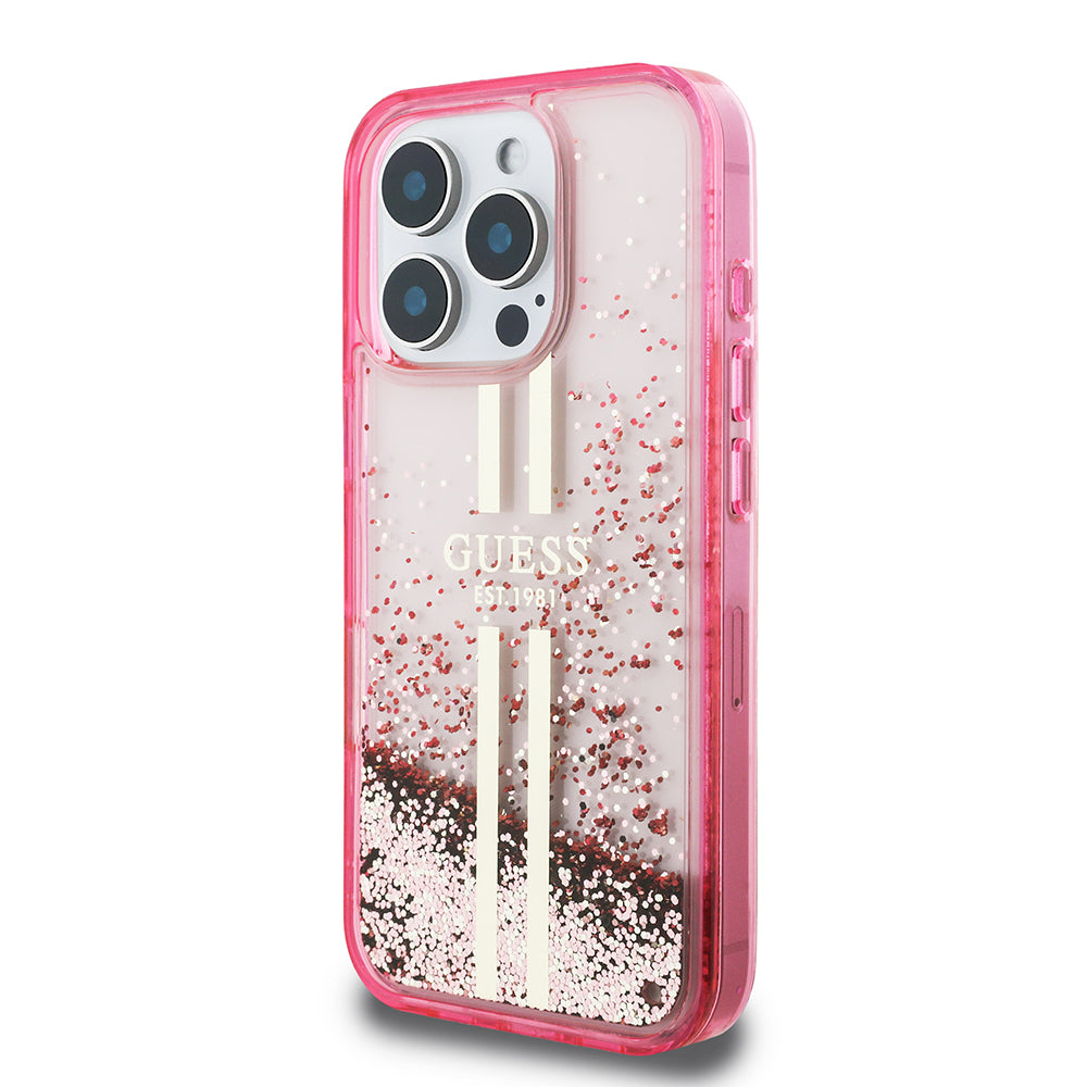 iPhone 16 Pro Kılıf Guess Orijinal Lisanslı Transparan Sıvılı Simli Altın Çizgili Kılıf