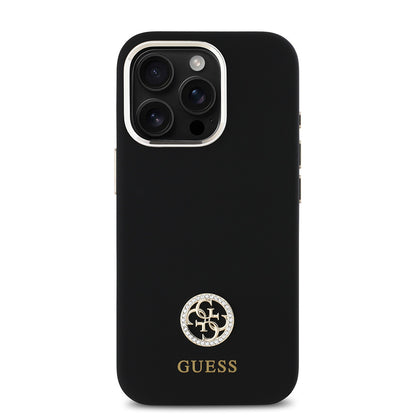 iPhone 16 Pro Kılıf Guess Orijinal Lisanslı Yazı ve Taşlı 4G Logolu Metal Kamera Çerçeveli Silikon Kılıf