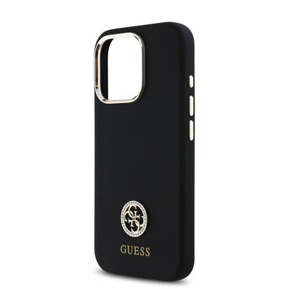 iPhone 16 Pro Kılıf Guess Orijinal Lisanslı Yazı ve Taşlı 4G Logolu Metal Kamera Çerçeveli Silikon Kılıf