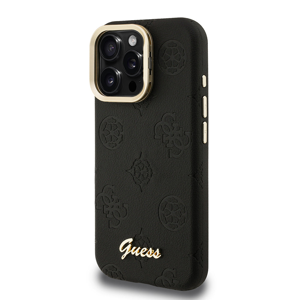 iPhone 16 Pro Kılıf Guess orijinal Lisanslı M-safe Şarj Özellikli Sıcak Baskılı Yazı Logolu Kamera Standlı PU Deri Peony Kılıf