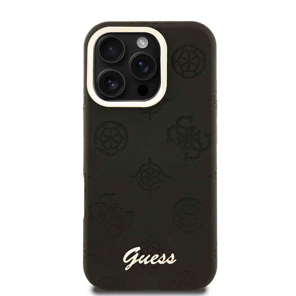 iPhone 16 Pro Kılıf Guess orijinal Lisanslı M-safe Şarj Özellikli Sıcak Baskılı Yazı Logolu Kamera Standlı PU Deri Peony Kılıf