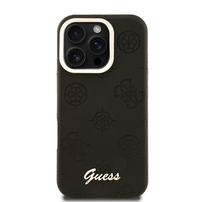 iPhone 16 Pro Kılıf Guess orijinal Lisanslı M-safe Şarj Özellikli Sıcak Baskılı Yazı Logolu Kamera Standlı PU Deri Peony Kılıf