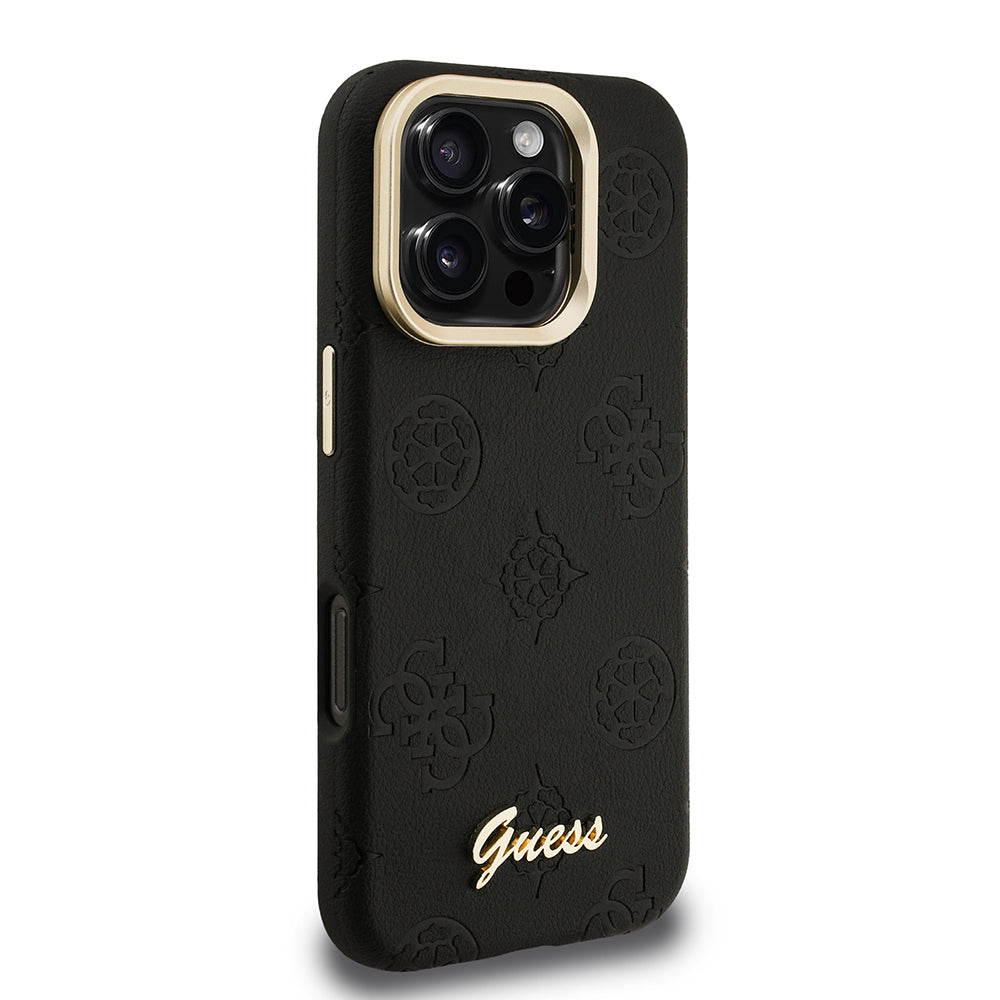 iPhone 16 Pro Kılıf Guess orijinal Lisanslı M-safe Şarj Özellikli Sıcak Baskılı Yazı Logolu Kamera Standlı PU Deri Peony Kılıf
