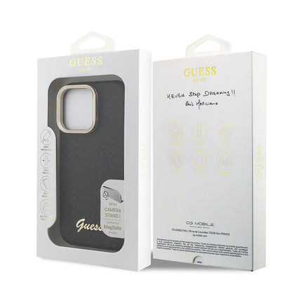 iPhone 16 Pro Kılıf Guess orijinal Lisanslı M-safe Şarj Özellikli Sıcak Baskılı Yazı Logolu Kamera Standlı PU Deri Peony Kılıf
