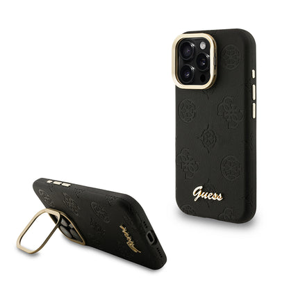 iPhone 16 Pro Kılıf Guess orijinal Lisanslı M-safe Şarj Özellikli Sıcak Baskılı Yazı Logolu Kamera Standlı PU Deri Peony Kılıf