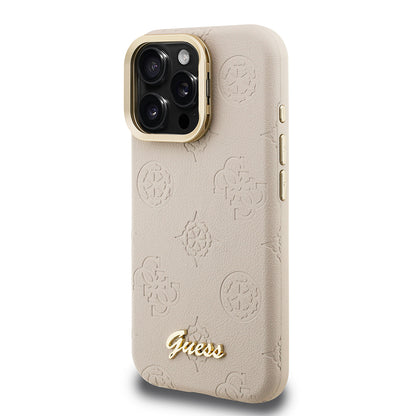 iPhone 16 Pro Kılıf Guess orijinal Lisanslı M-safe Şarj Özellikli Sıcak Baskılı Yazı Logolu Kamera Standlı PU Deri Peony Kılıf