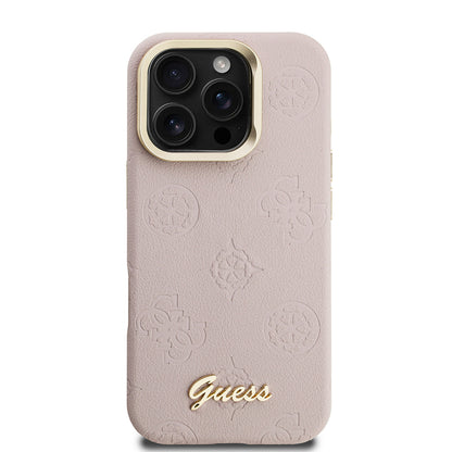 iPhone 16 Pro Kılıf Guess orijinal Lisanslı M-safe Şarj Özellikli Sıcak Baskılı Yazı Logolu Kamera Standlı PU Deri Peony Kılıf