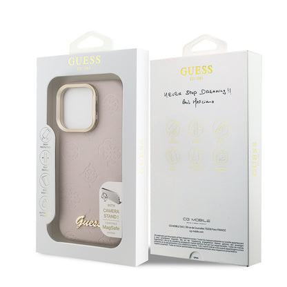 iPhone 16 Pro Kılıf Guess orijinal Lisanslı M-safe Şarj Özellikli Sıcak Baskılı Yazı Logolu Kamera Standlı PU Deri Peony Kılıf