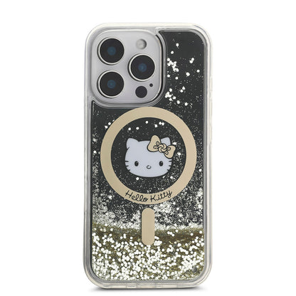 iPhone 16 Pro Kılıf Hello Kitty Orijinal Lisanslı M-safe Şarj Özellikli IML Baskı Kitty Head Logolu Sıvılı Simli Altın Ateşi Kılıf