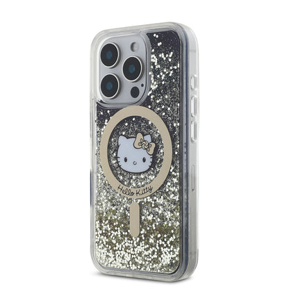 iPhone 16 Pro Kılıf Hello Kitty Orijinal Lisanslı M-safe Şarj Özellikli IML Baskı Kitty Head Logolu Sıvılı Simli Altın Ateşi Kılıf