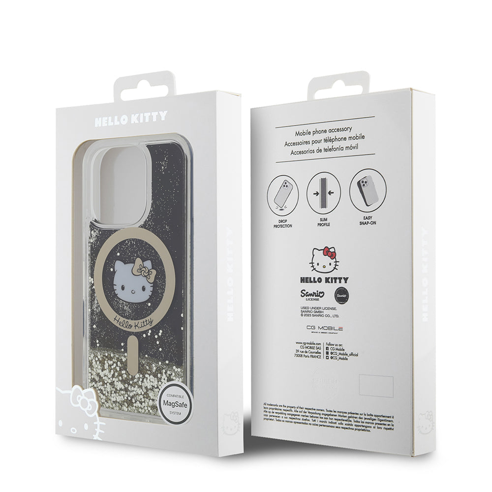 iPhone 16 Pro Kılıf Hello Kitty Orijinal Lisanslı M-safe Şarj Özellikli IML Baskı Kitty Head Logolu Sıvılı Simli Altın Ateşi Kılıf