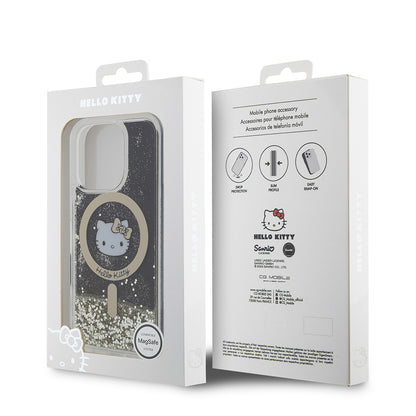 iPhone 16 Pro Kılıf Hello Kitty Orijinal Lisanslı M-safe Şarj Özellikli IML Baskı Kitty Head Logolu Sıvılı Simli Altın Ateşi Kılıf