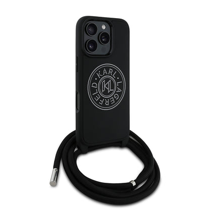 iPhone 16 Pro Kılıf Karl Lagerfeld Orijinal Lisanslı Askı İpli Taşlı KL Yazılı Crossbody Cord Kılıf