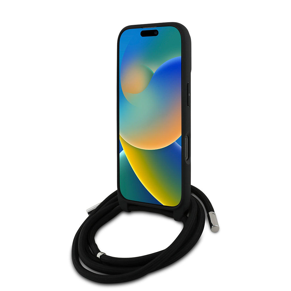 iPhone 16 Pro Kılıf Karl Lagerfeld Orijinal Lisanslı Askı İpli Taşlı KL Yazılı Crossbody Cord Kılıf