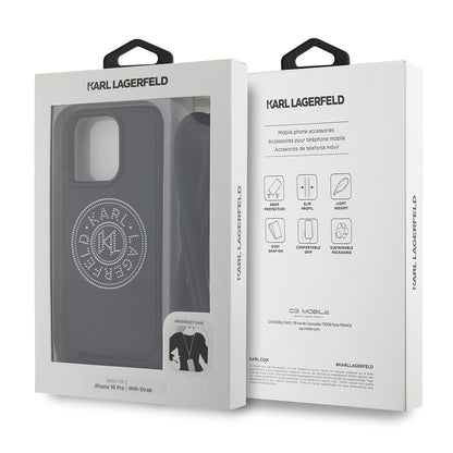 iPhone 16 Pro Kılıf Karl Lagerfeld Orijinal Lisanslı Askı İpli Taşlı KL Yazılı Crossbody Cord Kılıf