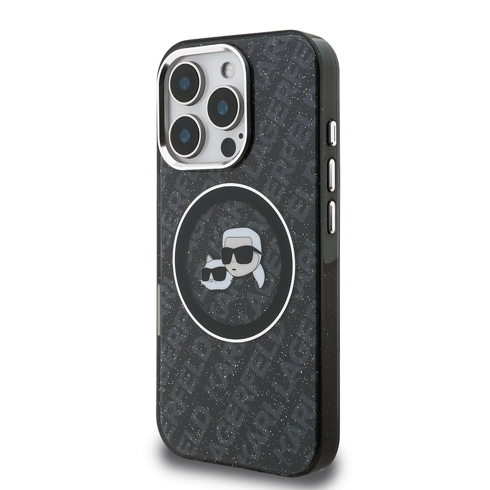 iPhone 16 Pro Kılıf Karl Lagerfeld Orijinal Lisanslı Parlayan Simli Karl & Choupette Heads Kılıf