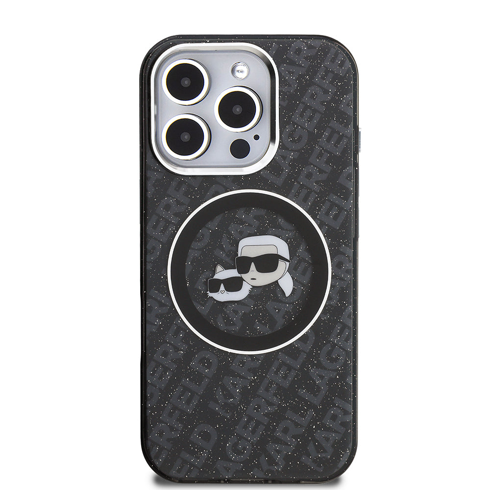 iPhone 16 Pro Kılıf Karl Lagerfeld Orijinal Lisanslı Parlayan Simli Karl & Choupette Heads Kılıf