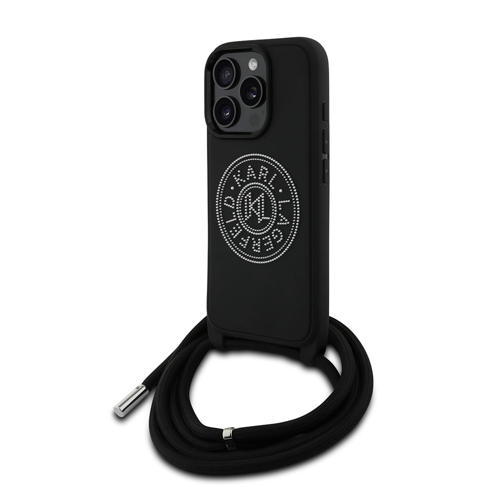 iPhone 16 Pro Kılıf Karl Lagerfeld orijinal Lisanslı Askı İpli Taşlı KL Yazılı Crossbody Cord Kılıf