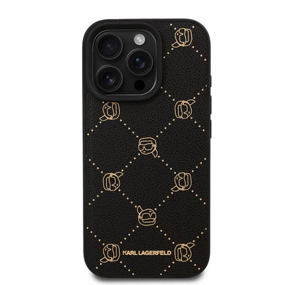 iPhone 16 Pro Kılıf Karl Lagerfeld orijinal Lisanslı M-safe Şarj Özellikli PU Deri Karl Heads Desenli Klasik Logolu Kılıf
