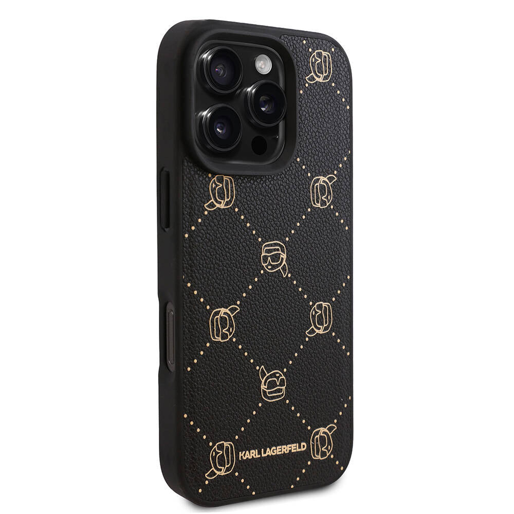 iPhone 16 Pro Kılıf Karl Lagerfeld orijinal Lisanslı M-safe Şarj Özellikli PU Deri Karl Heads Desenli Klasik Logolu Kılıf