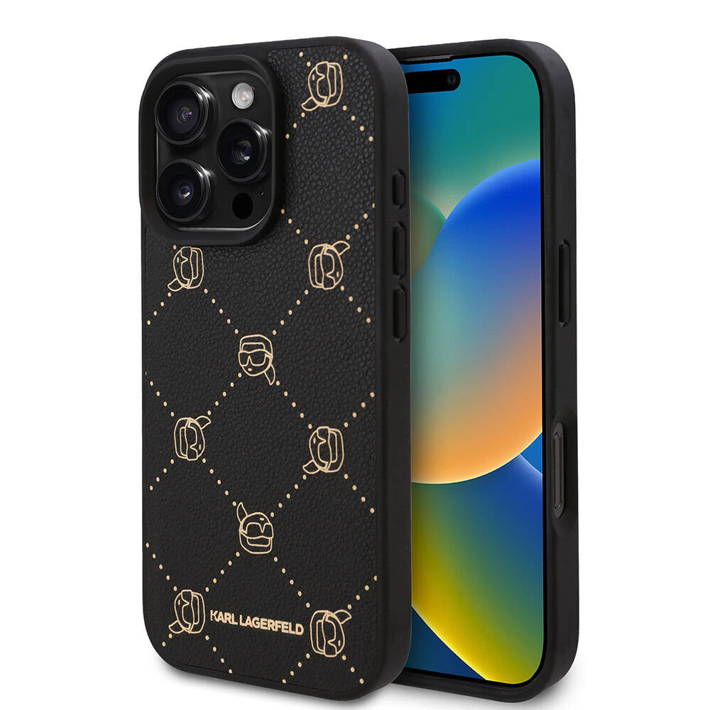 iPhone 16 Pro Kılıf Karl Lagerfeld orijinal Lisanslı M-safe Şarj Özellikli PU Deri Karl Heads Desenli Klasik Logolu Kılıf