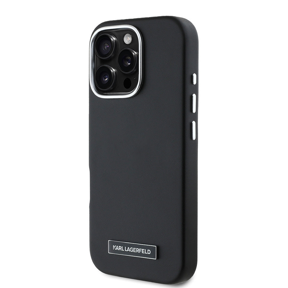 iPhone 16 Pro Kılıf Karl Lagerfeld orijinal Lisanslı M-safe Şarj Özellikli Metal Kamera ve Buton Tasarımlı Plaka Logolu PU Deri Kılıf