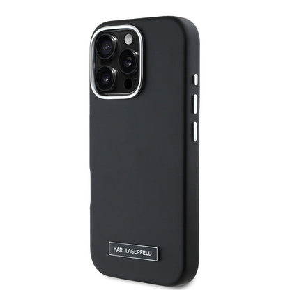 iPhone 16 Pro Kılıf Karl Lagerfeld orijinal Lisanslı M-safe Şarj Özellikli Metal Kamera ve Buton Tasarımlı Plaka Logolu PU Deri Kılıf