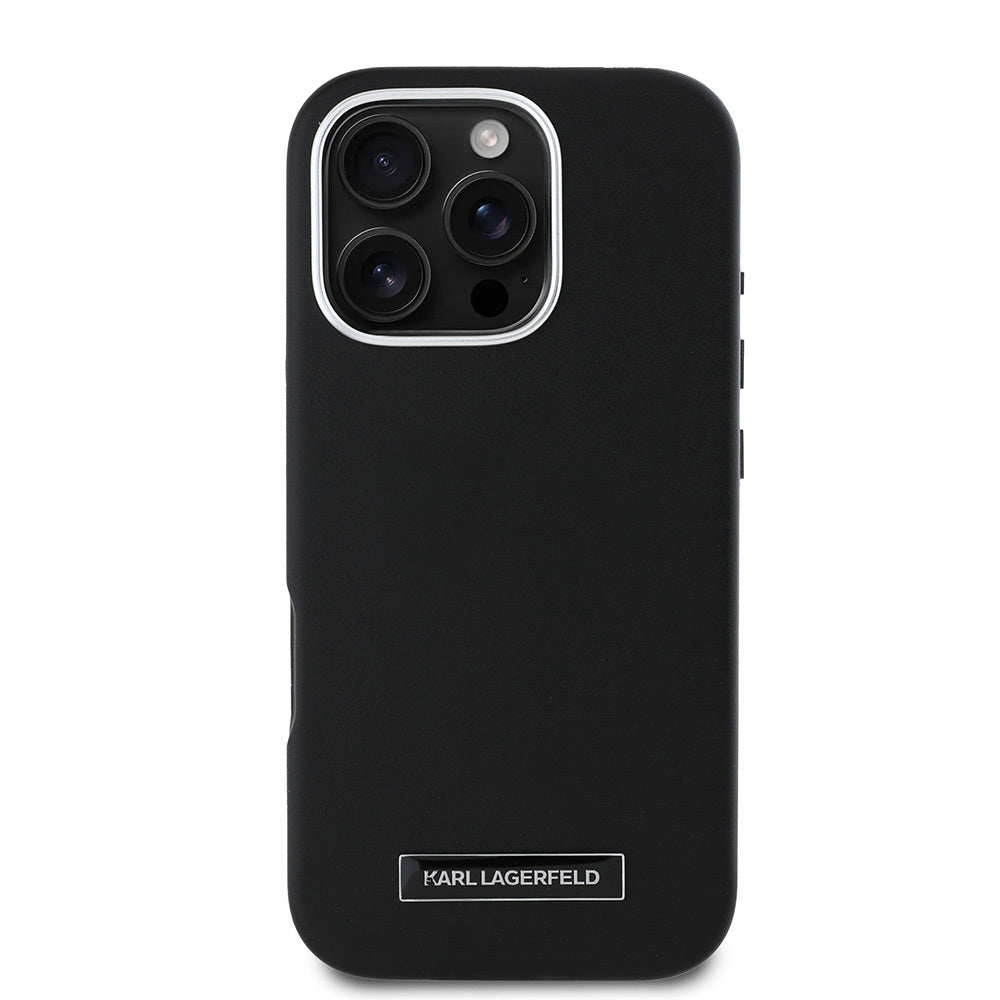 iPhone 16 Pro Kılıf Karl Lagerfeld orijinal Lisanslı M-safe Şarj Özellikli Metal Kamera ve Buton Tasarımlı Plaka Logolu PU Deri Kılıf