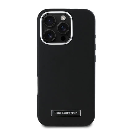 iPhone 16 Pro Kılıf Karl Lagerfeld orijinal Lisanslı M-safe Şarj Özellikli Metal Kamera ve Buton Tasarımlı Plaka Logolu PU Deri Kılıf